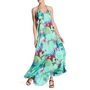 Womens Boho Tropical Halter Maxi Dress S Silky Beach Resort Summer Vacation